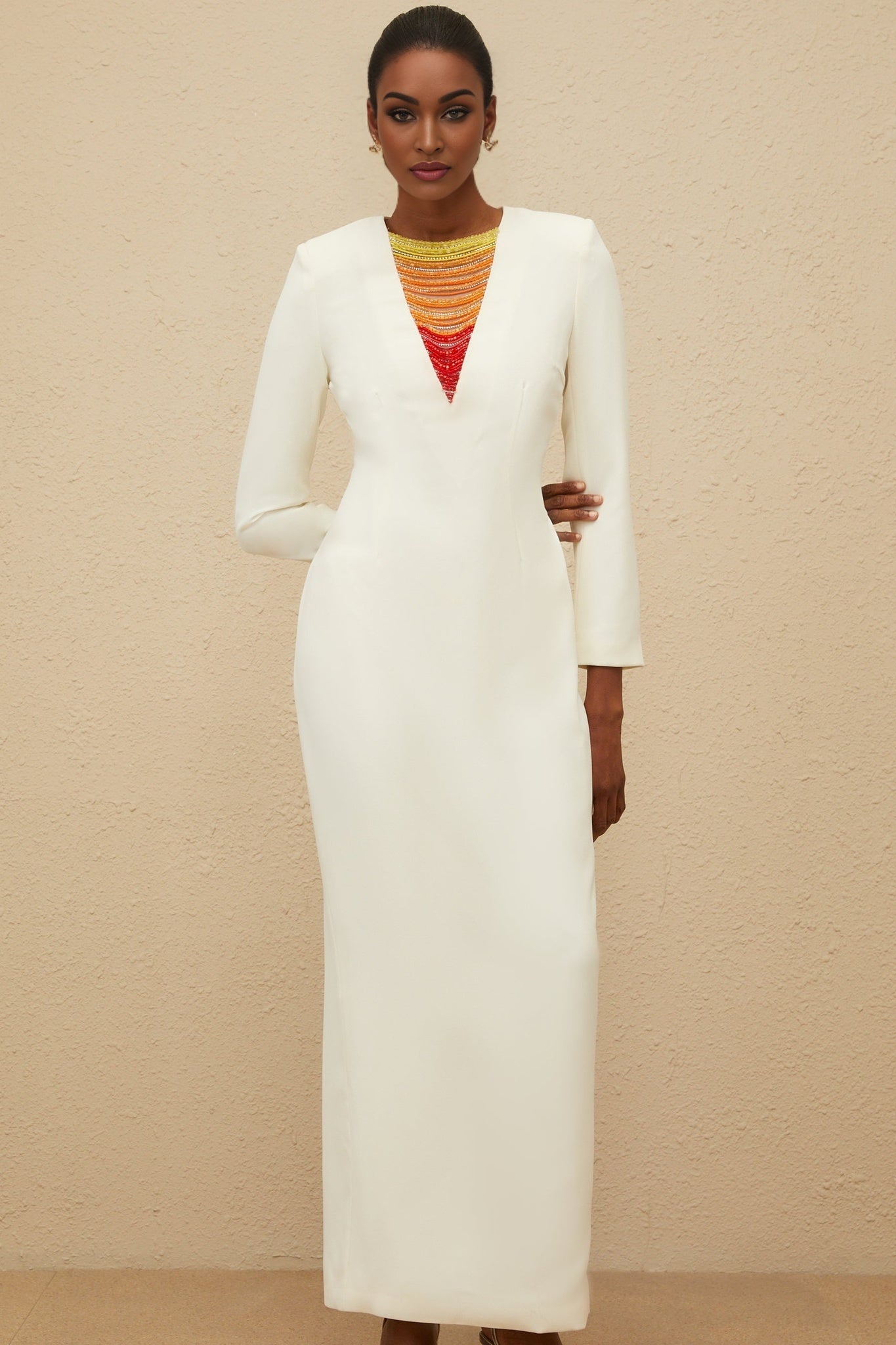 Maxi Dress - Beaded Accent - Multicolor - Long Sleeve - Fitted Waistline
