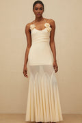 Maxi Dress - halter neck - Sleeveless - Mesh Fabric - Godet Design