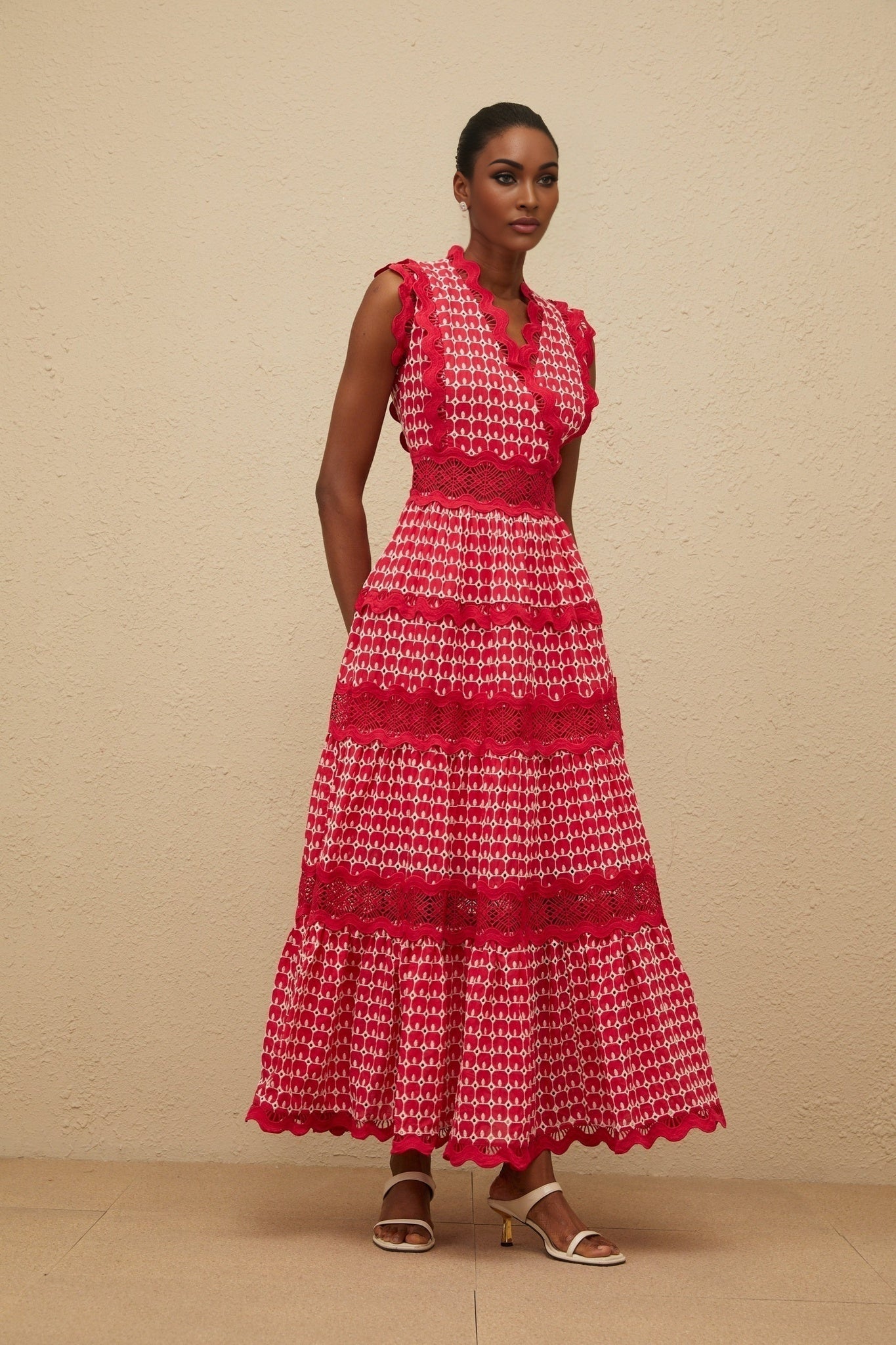 Maxi Dress - Red Lace Panel Layered Scallop Trim