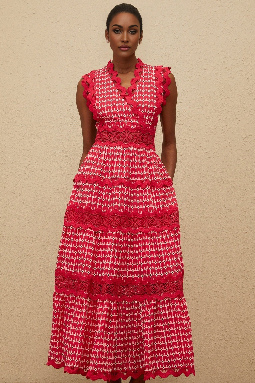 Maxi Dress - Red Lace Panel Layered Scallop Trim
