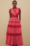 Maxi Dress - Red Lace Panel Layered Scallop Trim