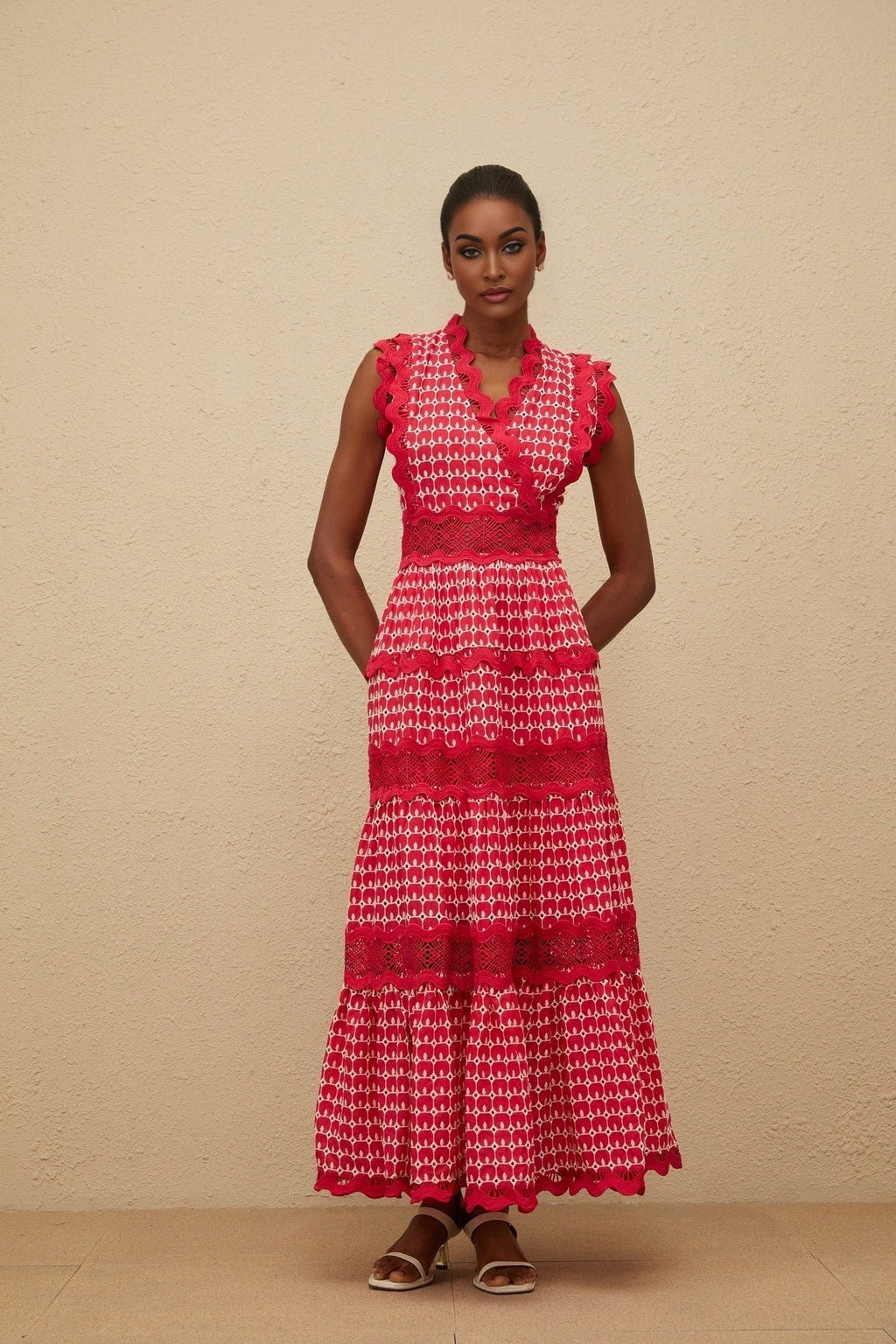 Maxi Dress - Red Lace Panel Layered Scallop Trim