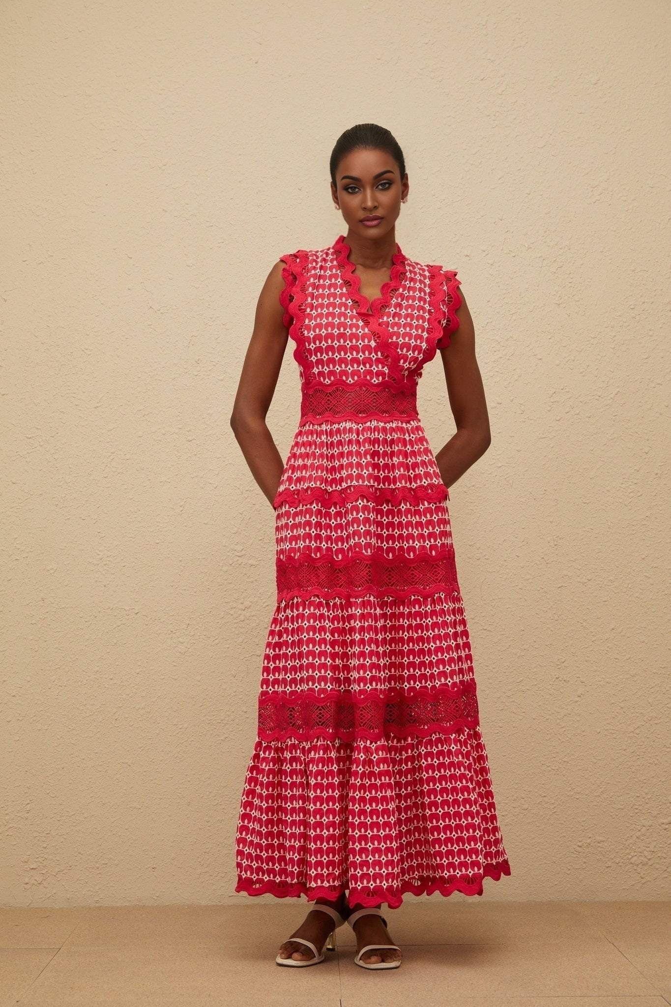 Maxi Dress - Red Lace Panel Layered Scallop Trim