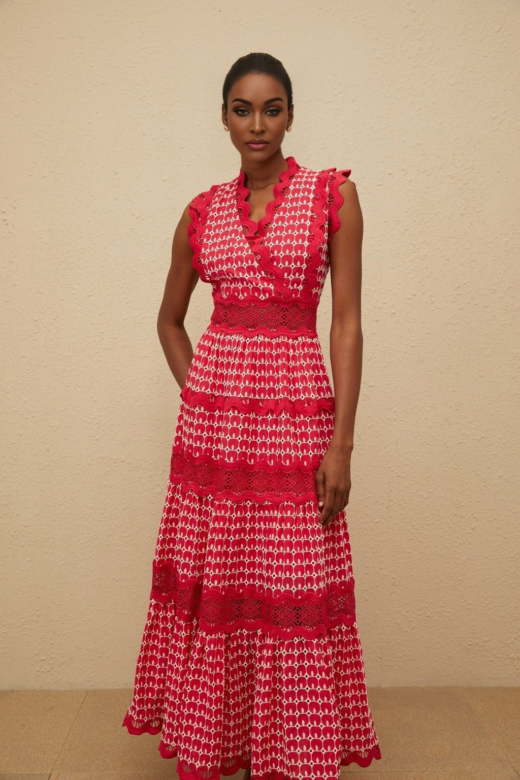 Maxi Dress - Red Lace Panel Layered Scallop Trim