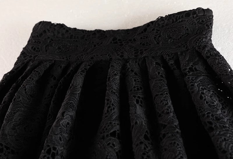Maxi Lace Skirt - Flowing Flared Silhouette - Elegant Floral Pattern - High - Waisted Fit - Delicate Lace Trim - Versatile Style