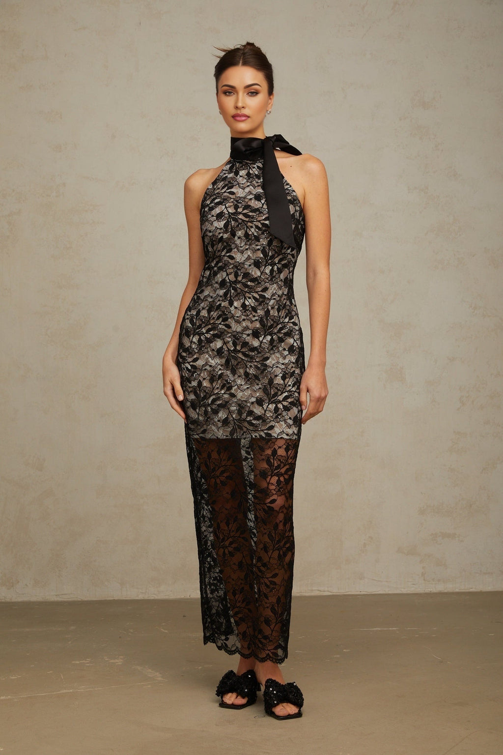 Maya Floral Maxi Dress - Romantic Black Lace Halterneck With Layered Design