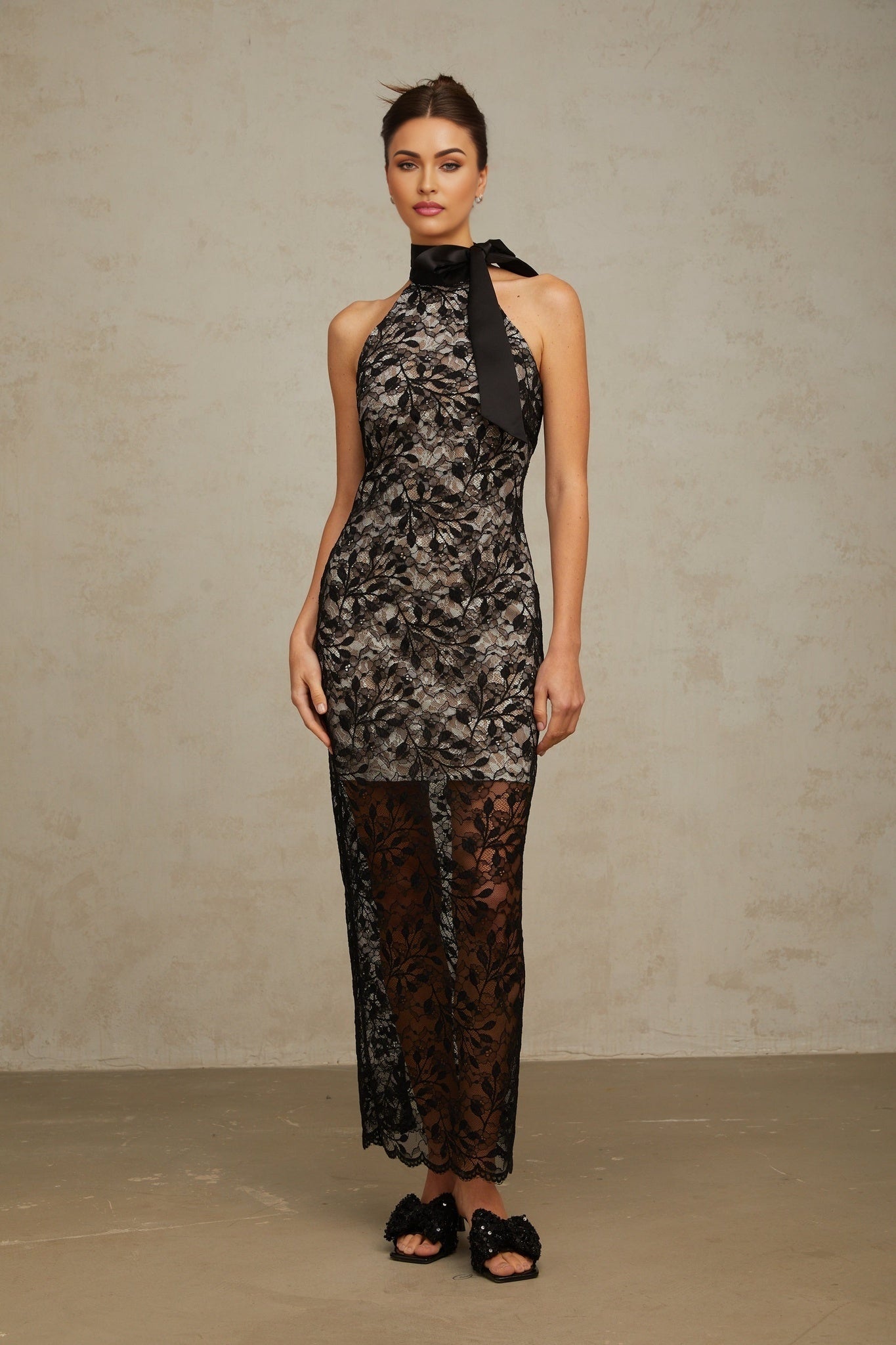 Maya Floral Maxi Dress - Romantic Black Lace Halterneck With Layered Design