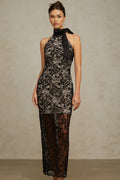 Maya Floral Maxi Dress - Romantic Black Lace Halterneck With Layered Design