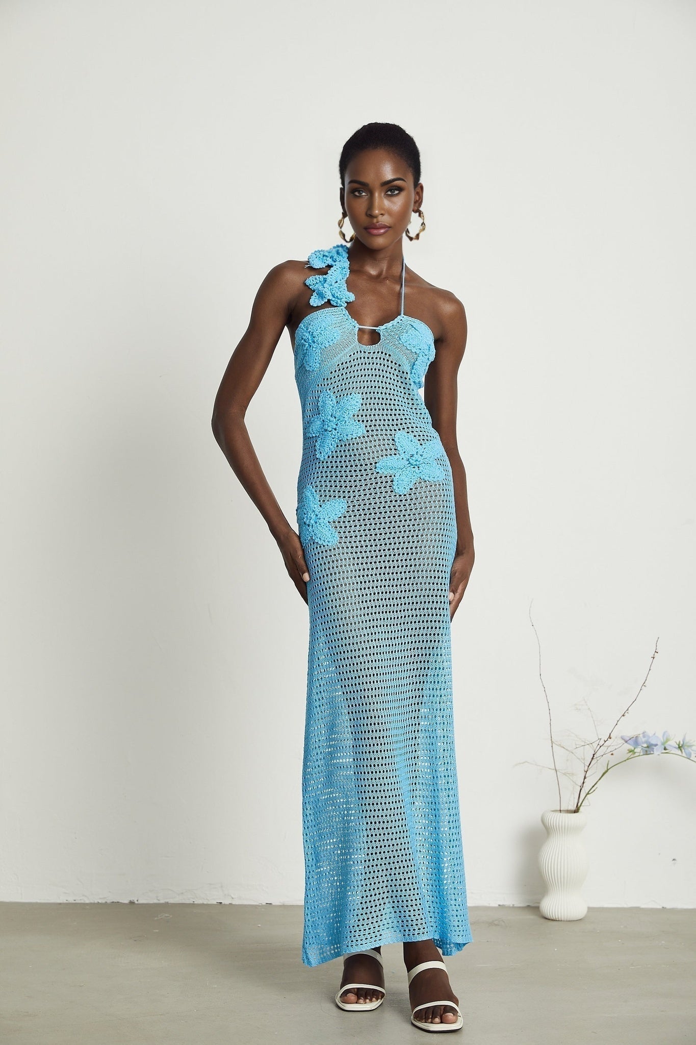 Maya Maxi Dress - Halterneck Sleeveless Design - Open Back Cut - out Bustier - Faux - Flower Embellishments