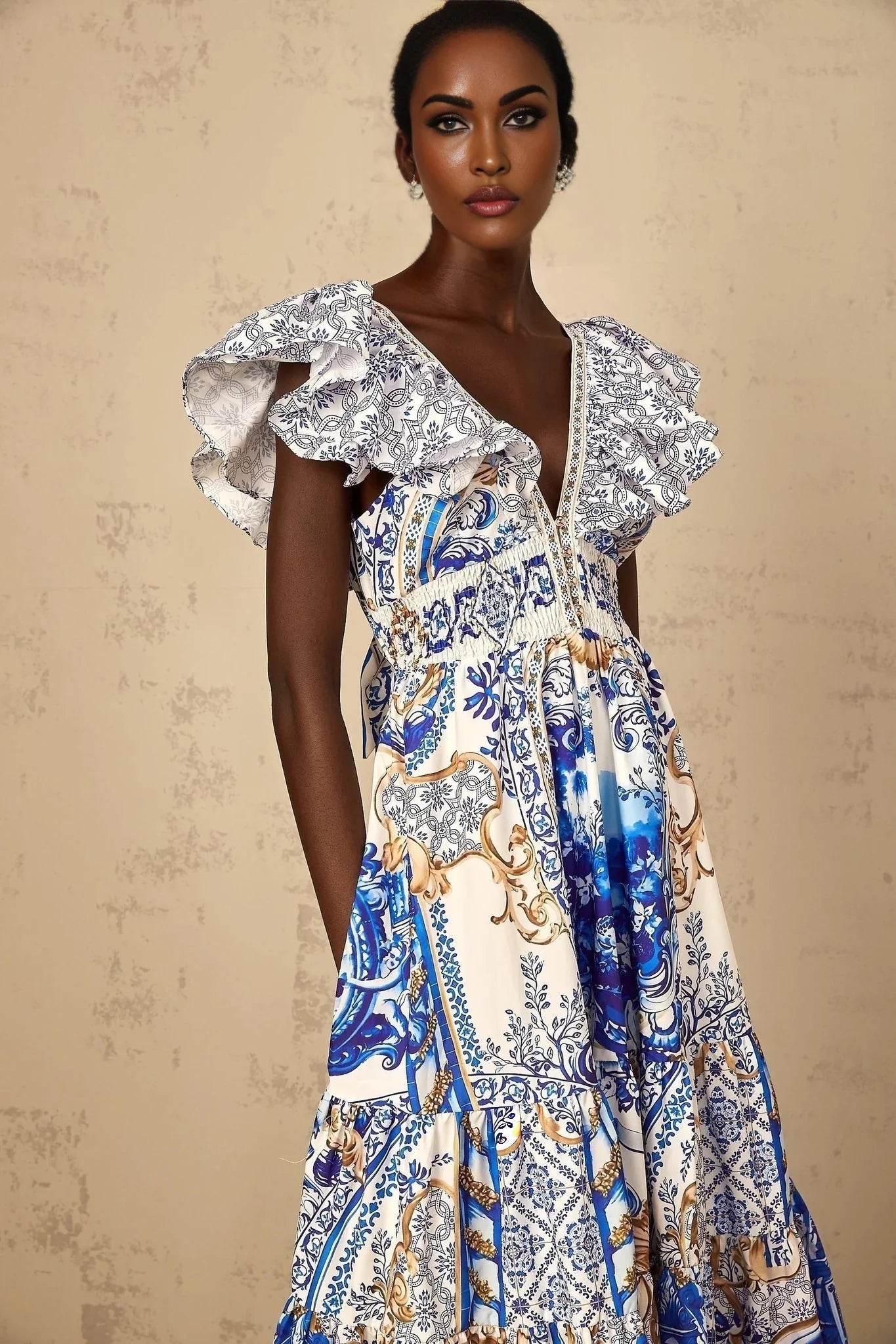 Maya Midi Dress Blue Baroque Print Ruffled Tiered Open Back