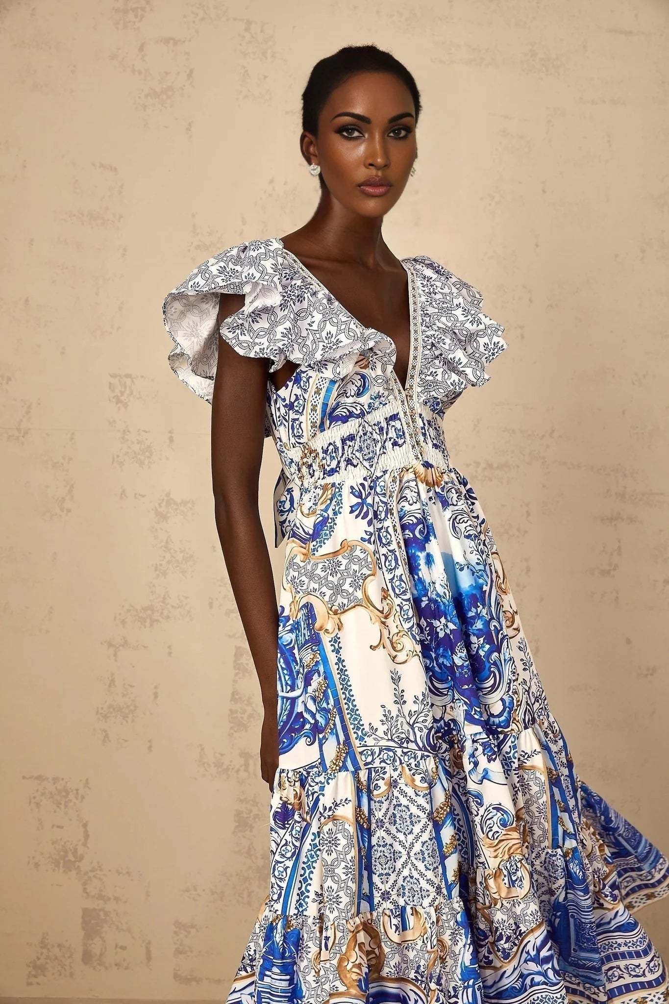 Maya Midi Dress Blue Baroque Print Ruffled Tiered Open Back