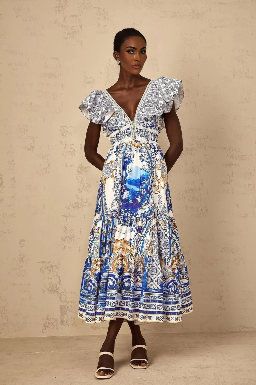 Maya Midi Dress Blue Baroque Print Ruffled Tiered Open Back