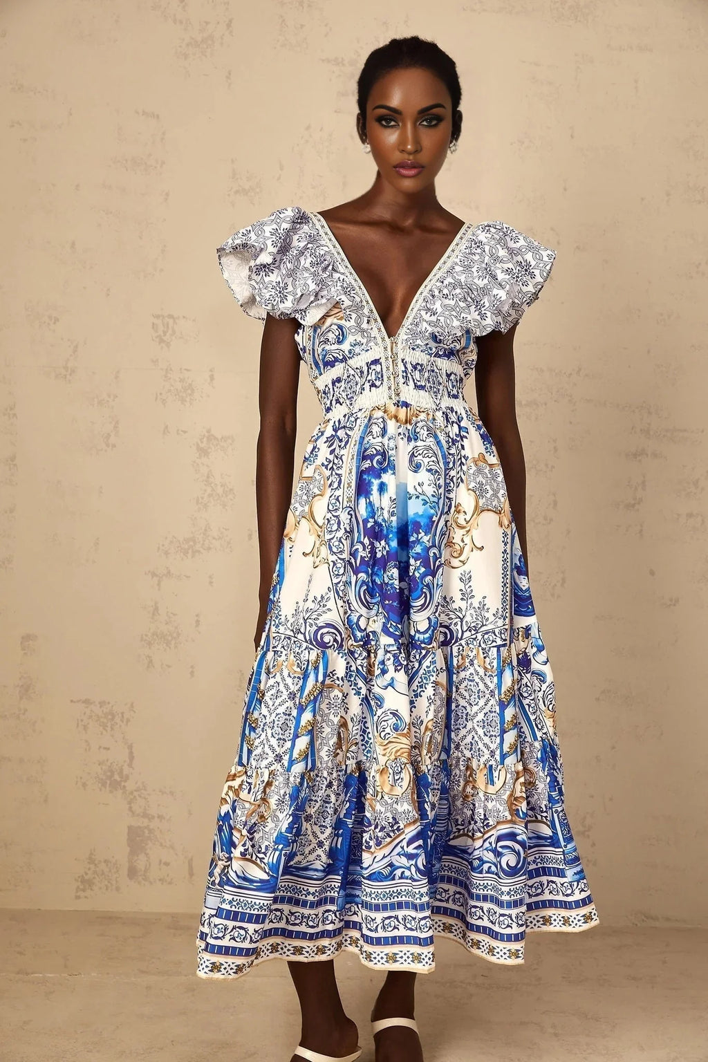 Maya Midi Dress Blue Baroque Print Ruffled Tiered Open Back