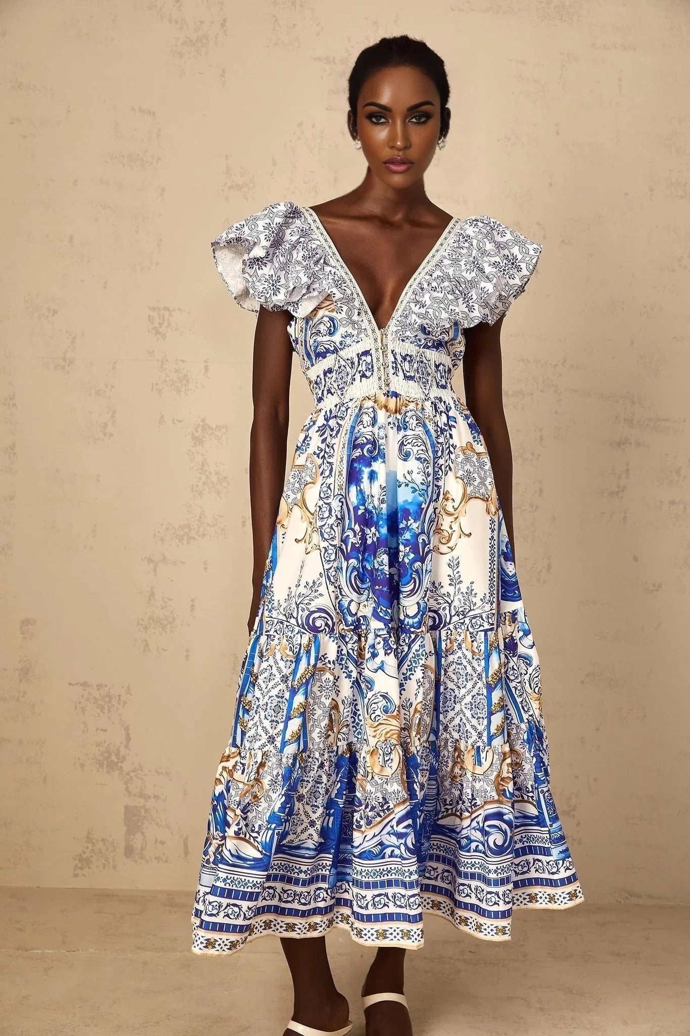 Maya Midi Dress Blue Baroque Print Ruffled Tiered Open Back