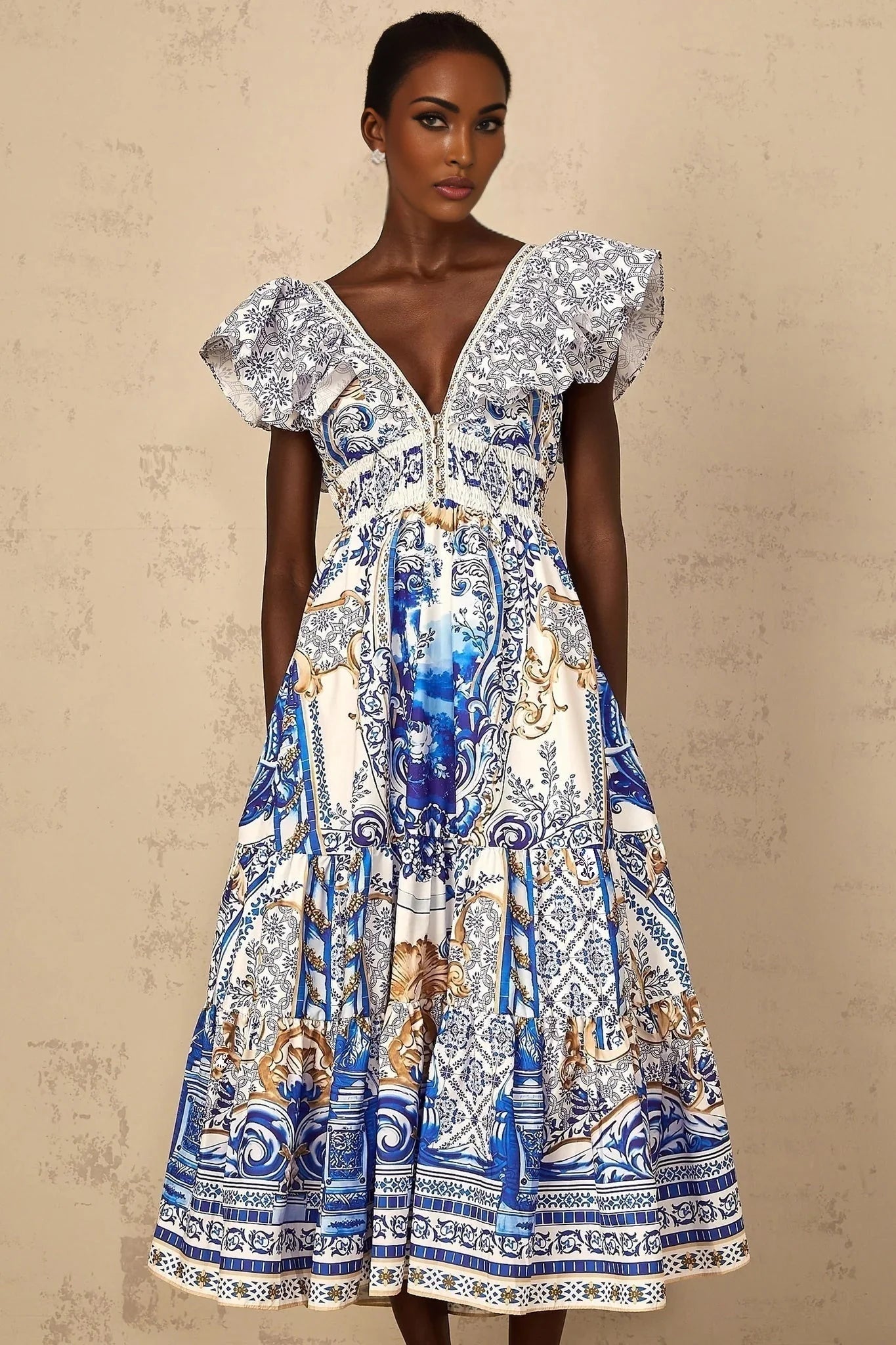 Maya Midi Dress Blue Baroque Print Ruffled Tiered Open Back