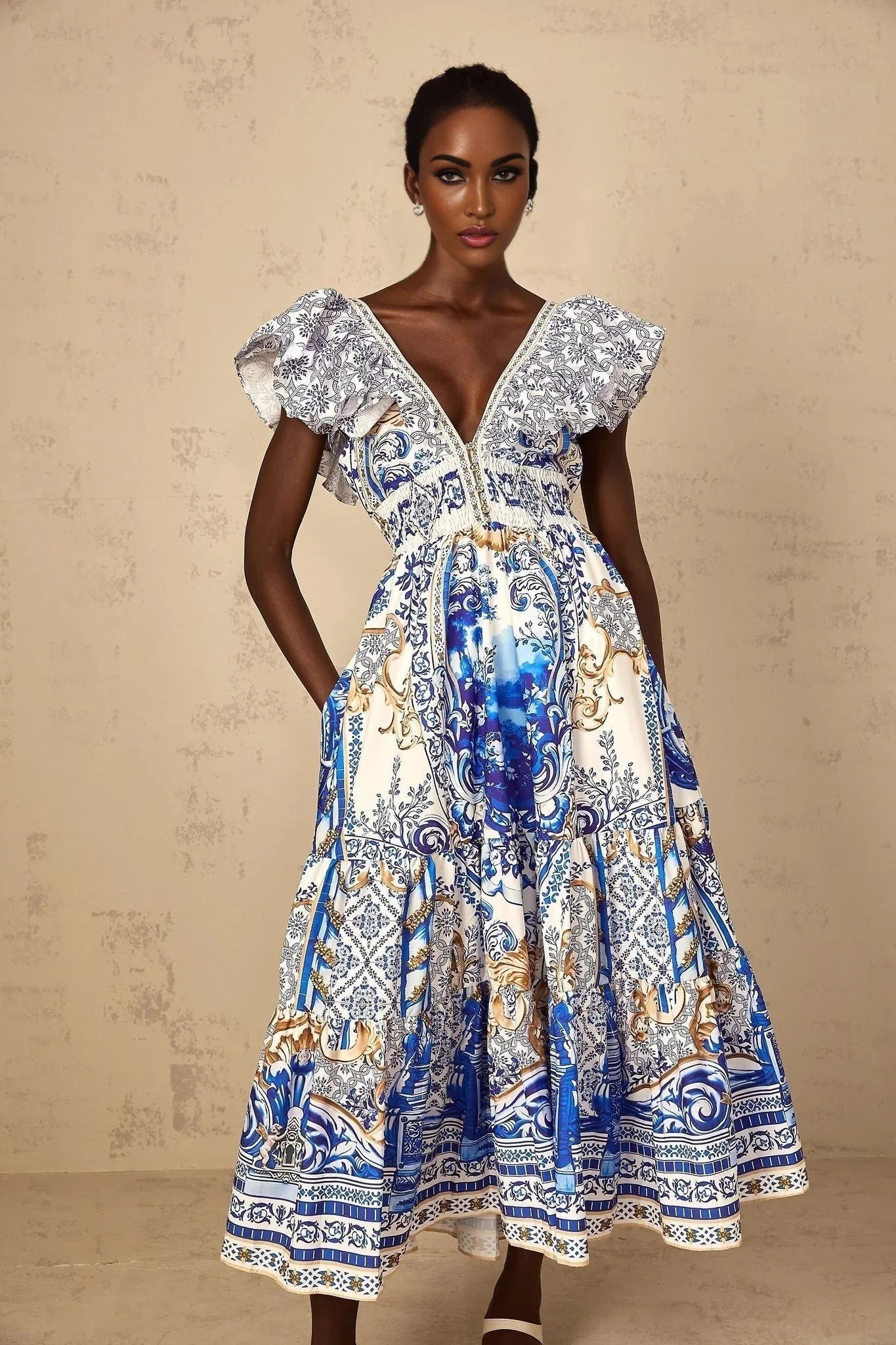Maya Midi Dress Blue Baroque Print Ruffled Tiered Open Back