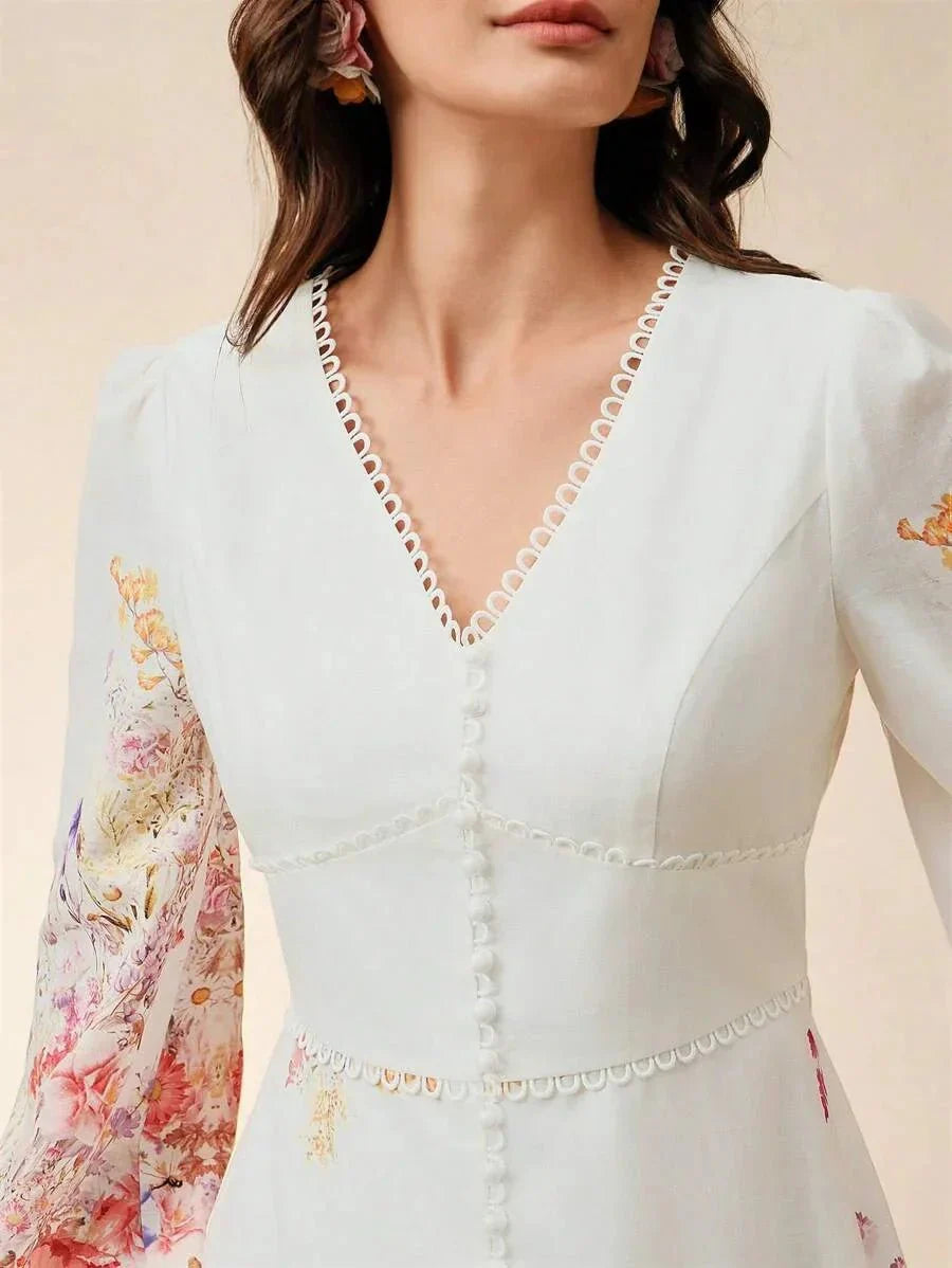 Maya Midi Dress - V Neck - Bishop Sleeve - High Waist - A Line - Elegant