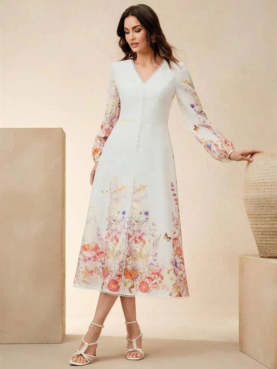 Maya Midi Dress - V Neck - Bishop Sleeve - High Waist - A Line - Elegant