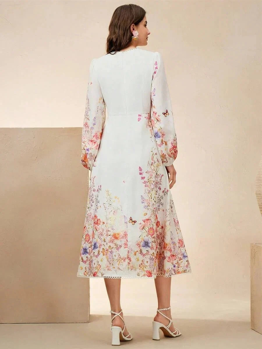 Maya Midi Dress - V Neck - Bishop Sleeve - High Waist - A Line - Elegant