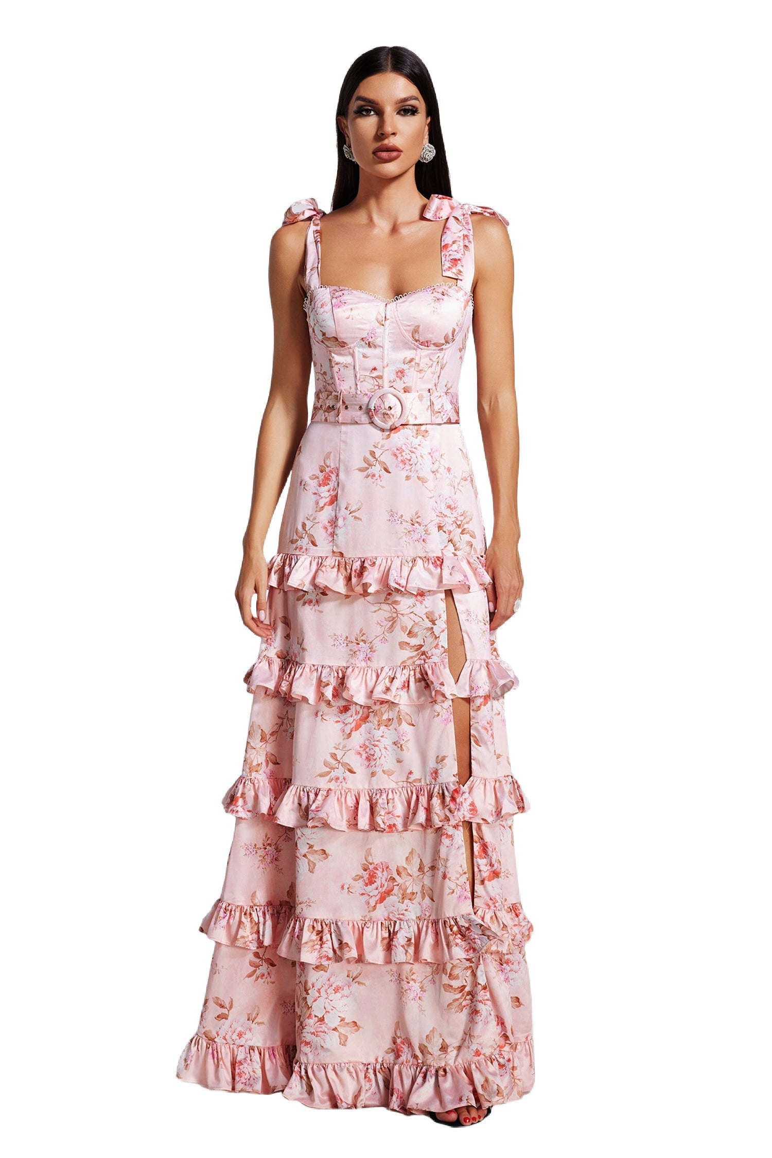 Maya Pink Floral Layered Maxi Dress with Ruffled Detailing and Split Skirt