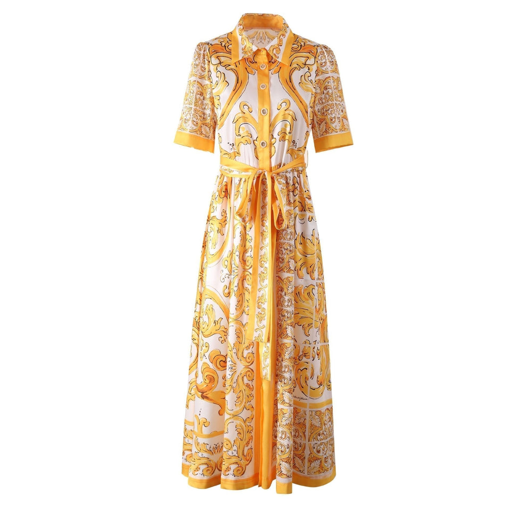 Maya Printed Maxi Dress – Flowing Silhouette with Tie Belt – Bold Statement Look