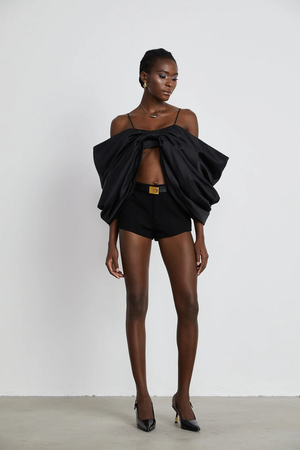 Maya Top Black Bow Cropped Zip Back Spaghetti Straps