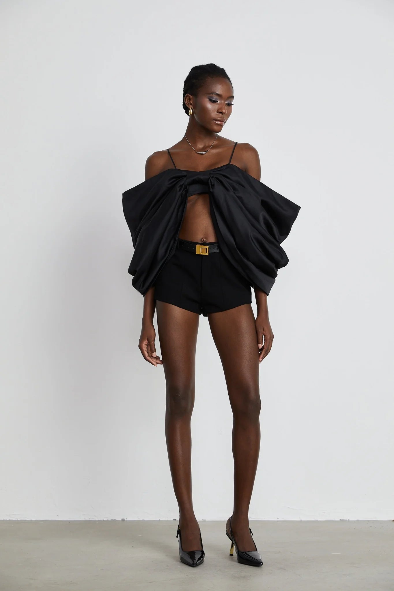 Maya Top Black Bow Cropped Zip Back Spaghetti Straps