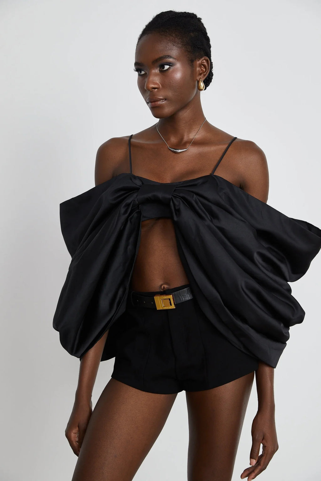 Maya Top Black Bow Cropped Zip Back Spaghetti Straps