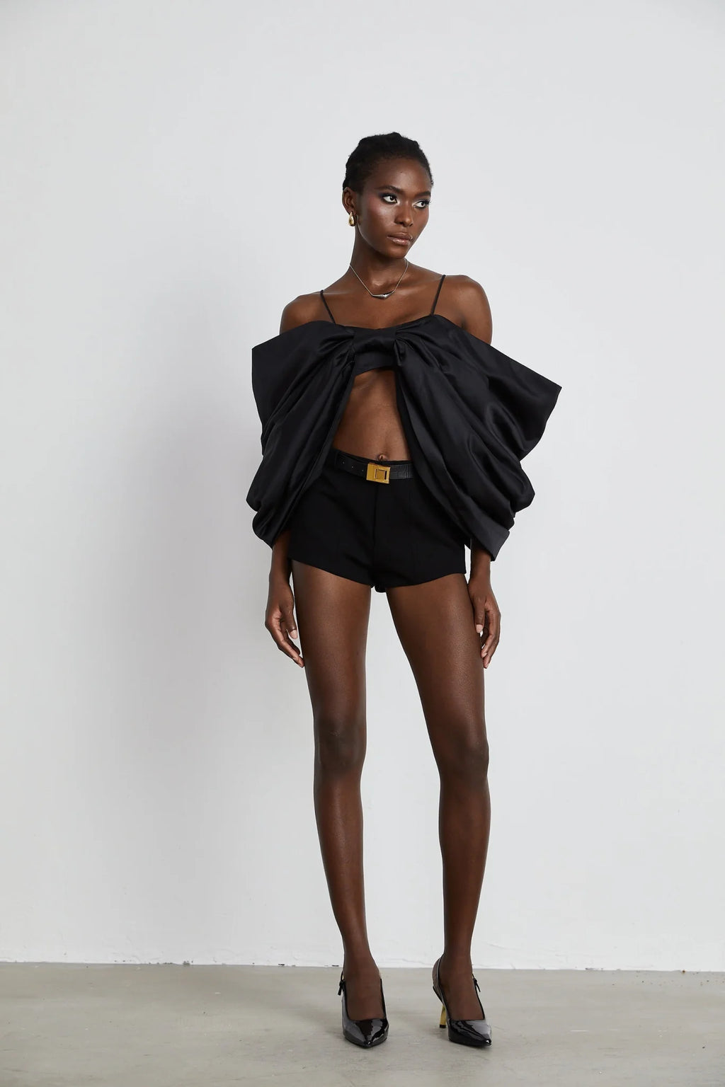 Maya Top Black Bow Cropped Zip Back Spaghetti Straps