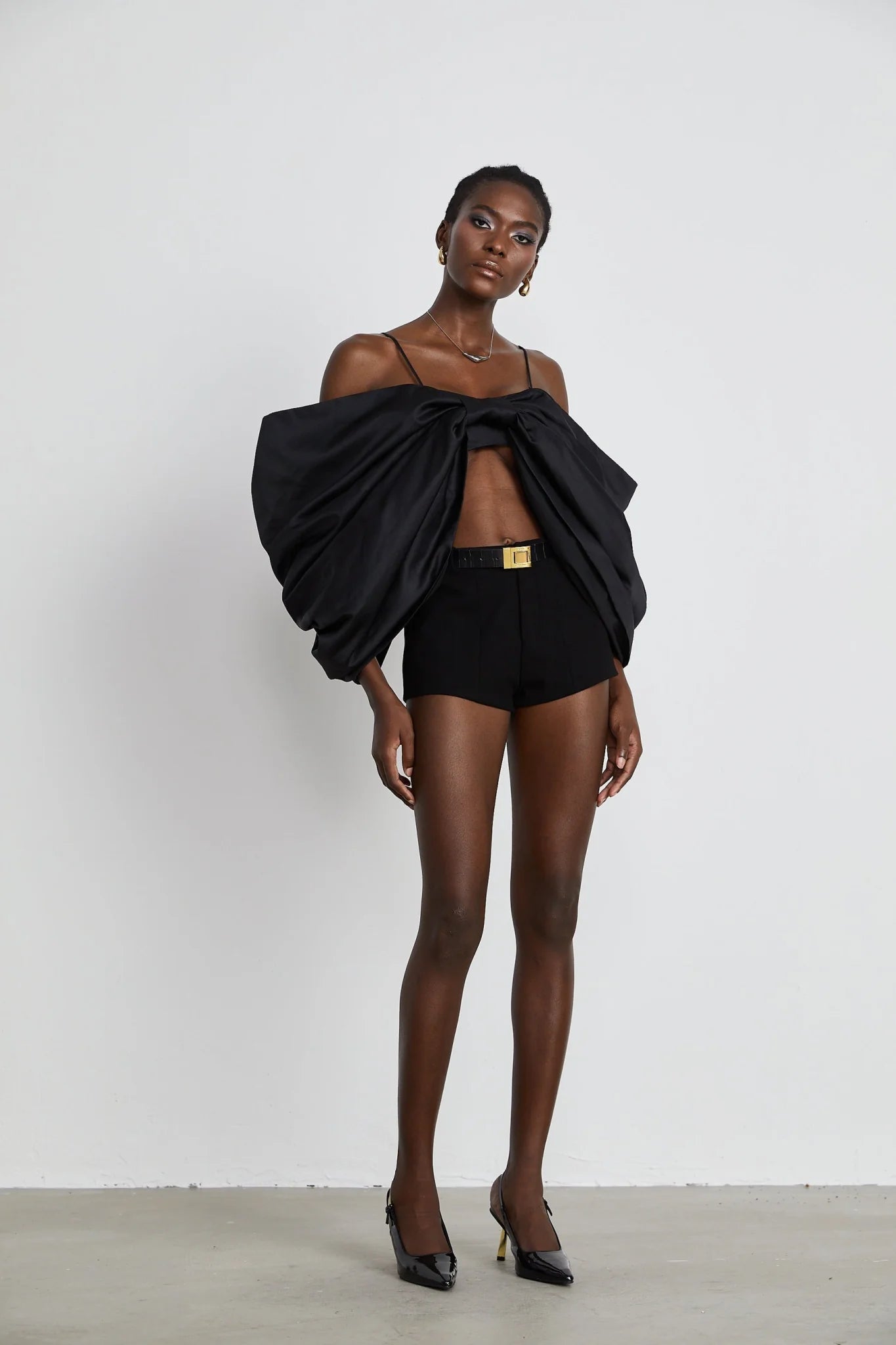 Maya Top Black Bow Cropped Zip Back Spaghetti Straps