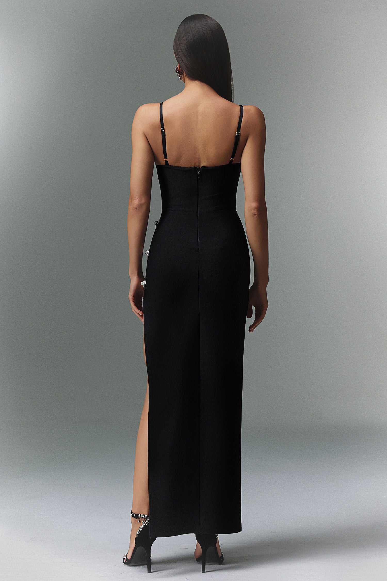 Mckenna Black Sleeveless Diamond Slit Embellished Dress