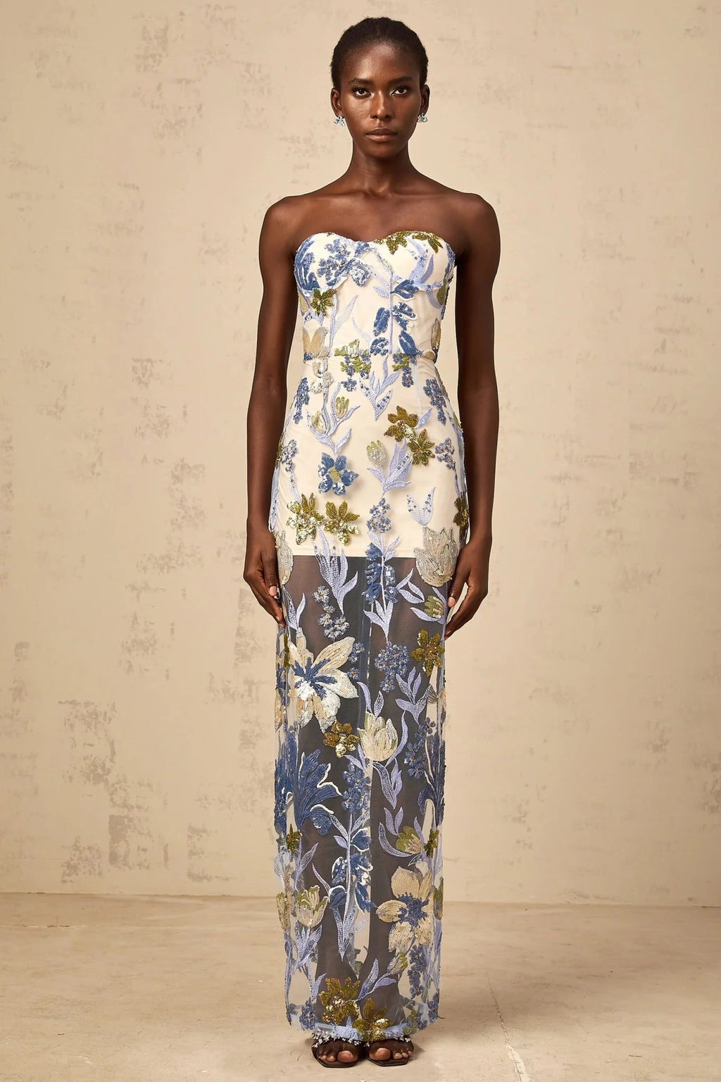Mckenna Maxi Dress Blue Sequined Flower Embroidered Sweetheart Corset