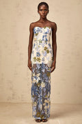 Mckenna Maxi Dress Blue Sequined Flower Embroidered Sweetheart Corset