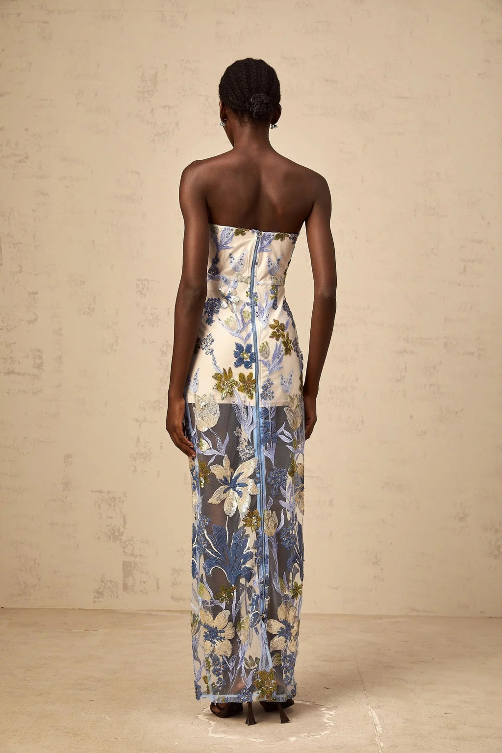 Mckenna Maxi Dress Blue Sequined Flower Embroidered Sweetheart Corset