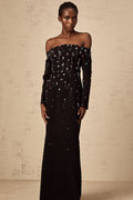 Mckenna Maxi Dress - Off - Shoulder Black with Crystal Embellishments & Fringe Details