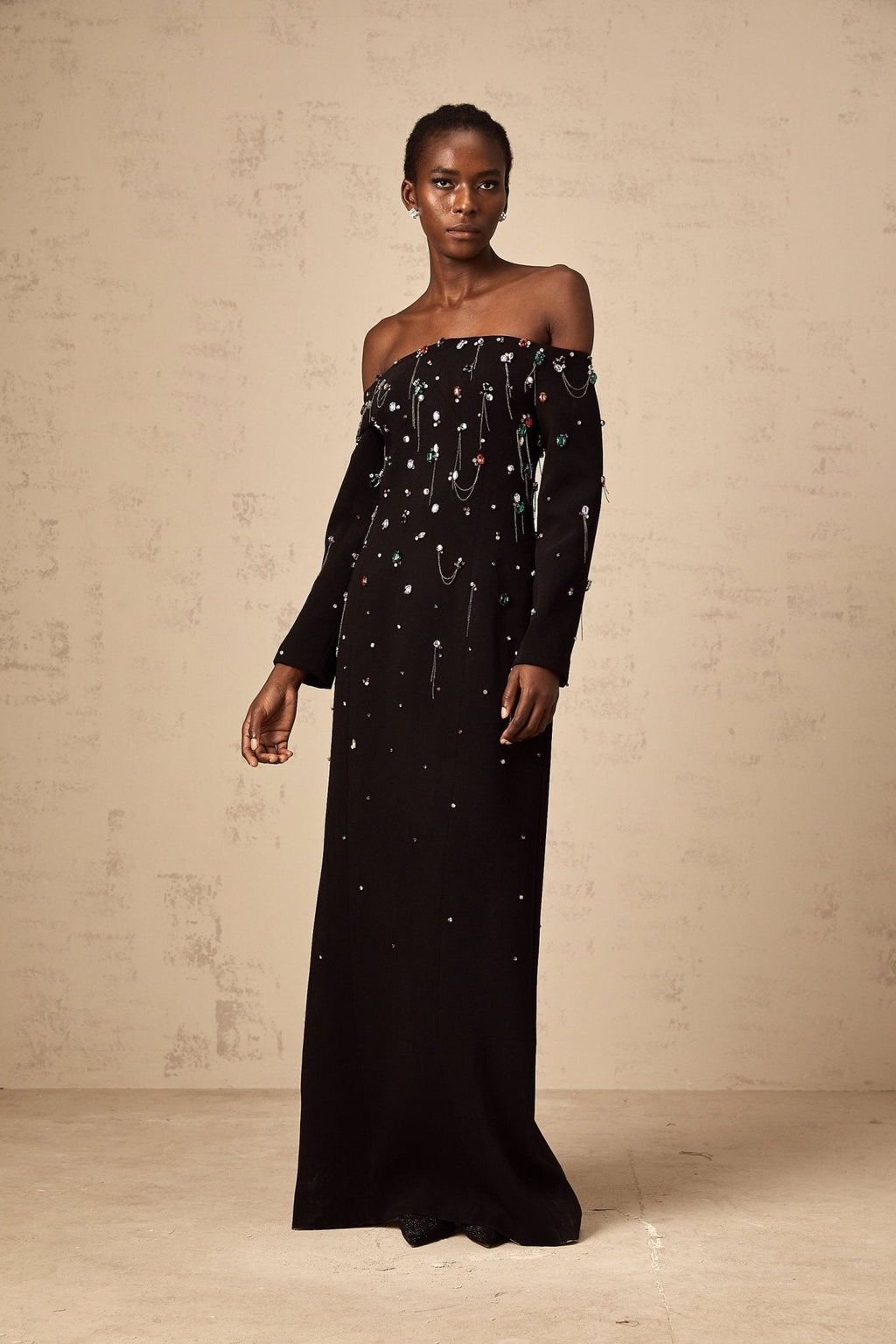 Mckenna Maxi Dress - Off - Shoulder Black with Crystal Embellishments & Fringe Details