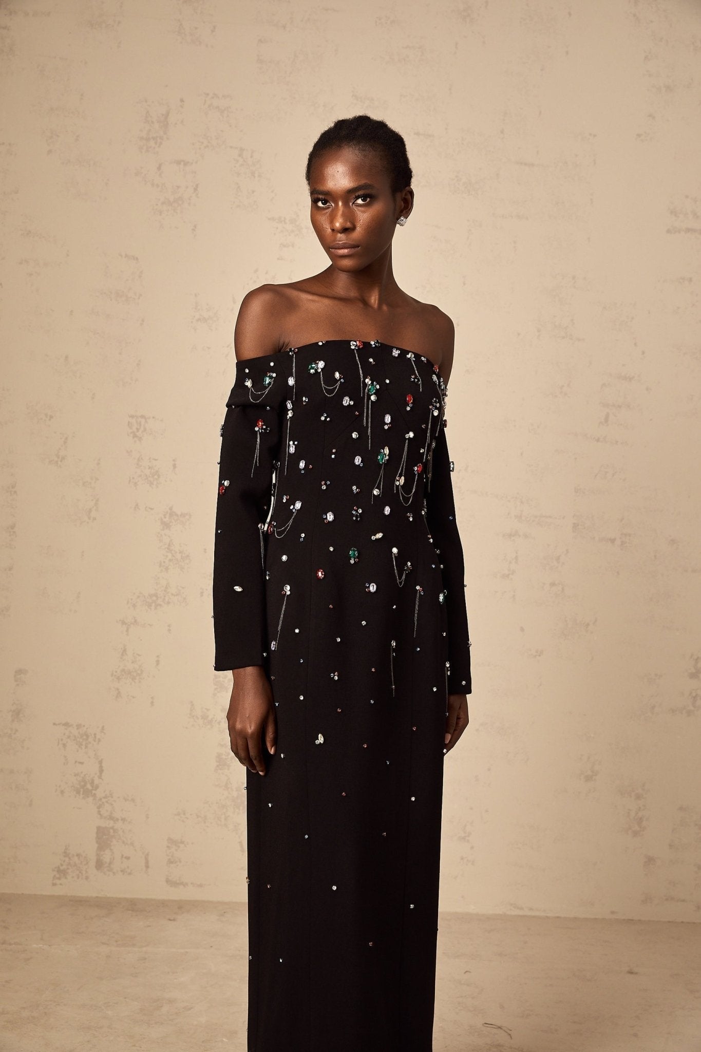 Mckenna Maxi Dress - Off - Shoulder Black with Crystal Embellishments & Fringe Details