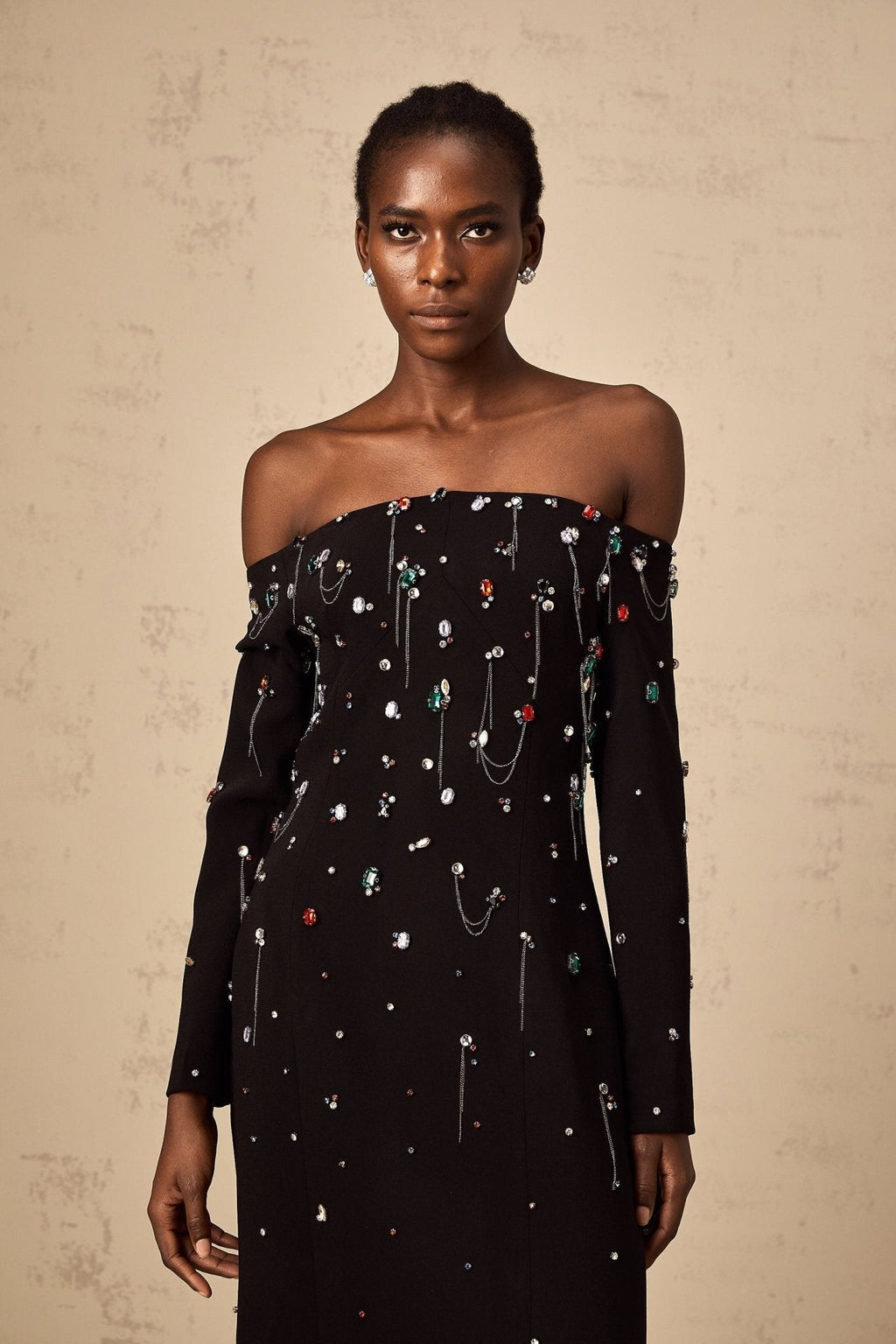 Mckenna Maxi Dress - Off - Shoulder Black with Crystal Embellishments & Fringe Details