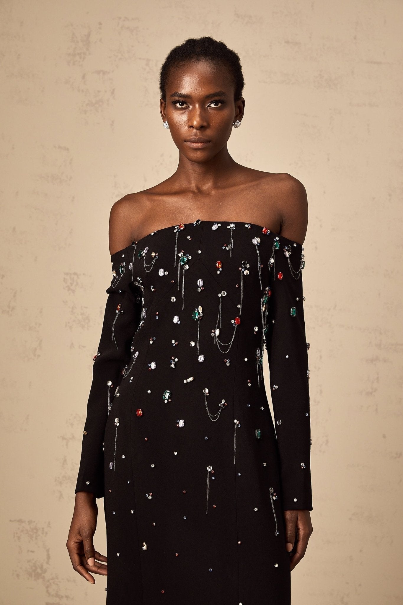 Mckenna Maxi Dress - Off - Shoulder Black with Crystal Embellishments & Fringe Details