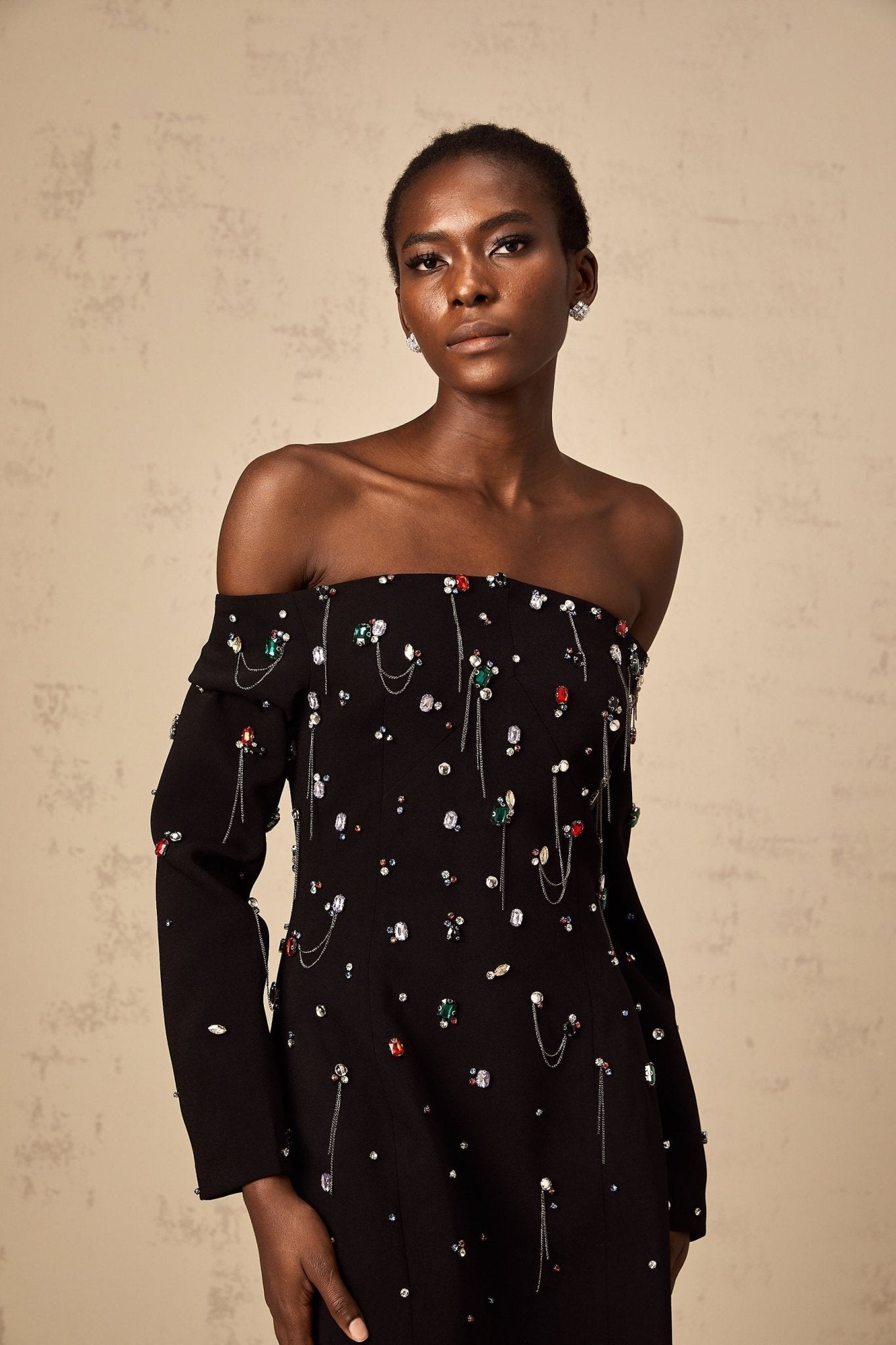 Mckenna Maxi Dress - Off - Shoulder Black with Crystal Embellishments & Fringe Details