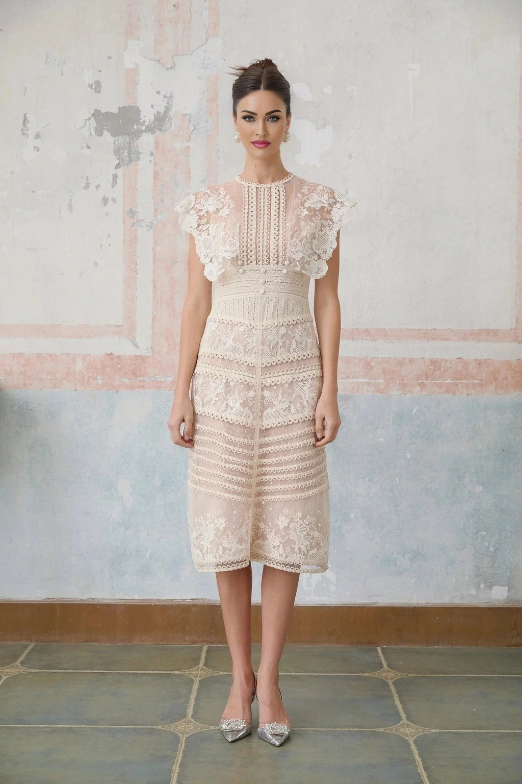 Meghan Midi Dress Floral Lace Beaded Neutrals
