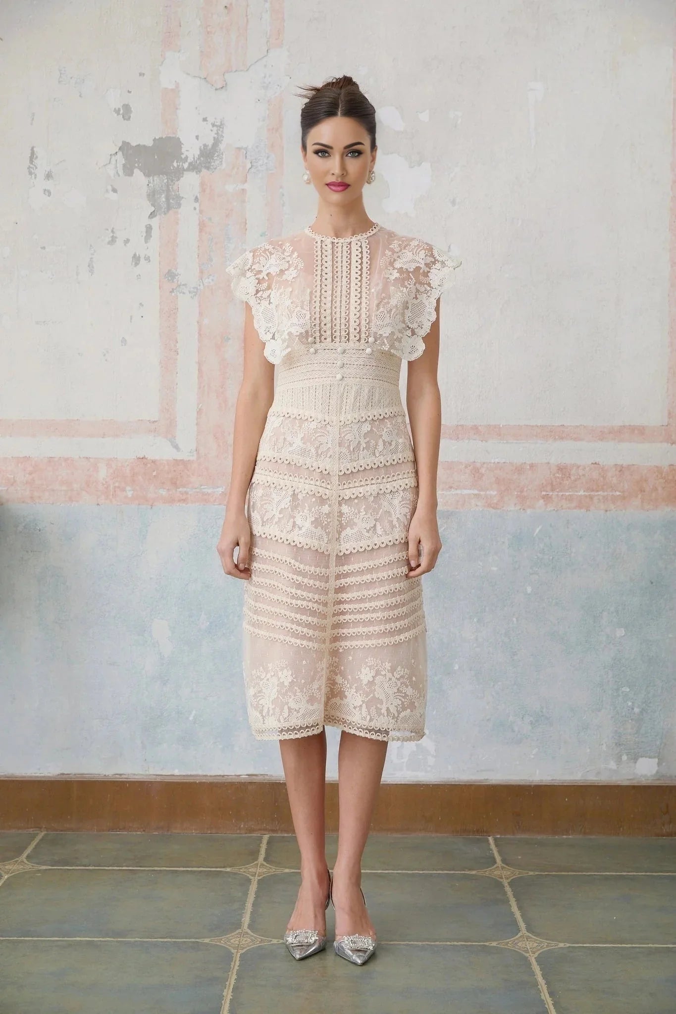 Meghan Midi Dress Floral Lace Beaded Neutrals