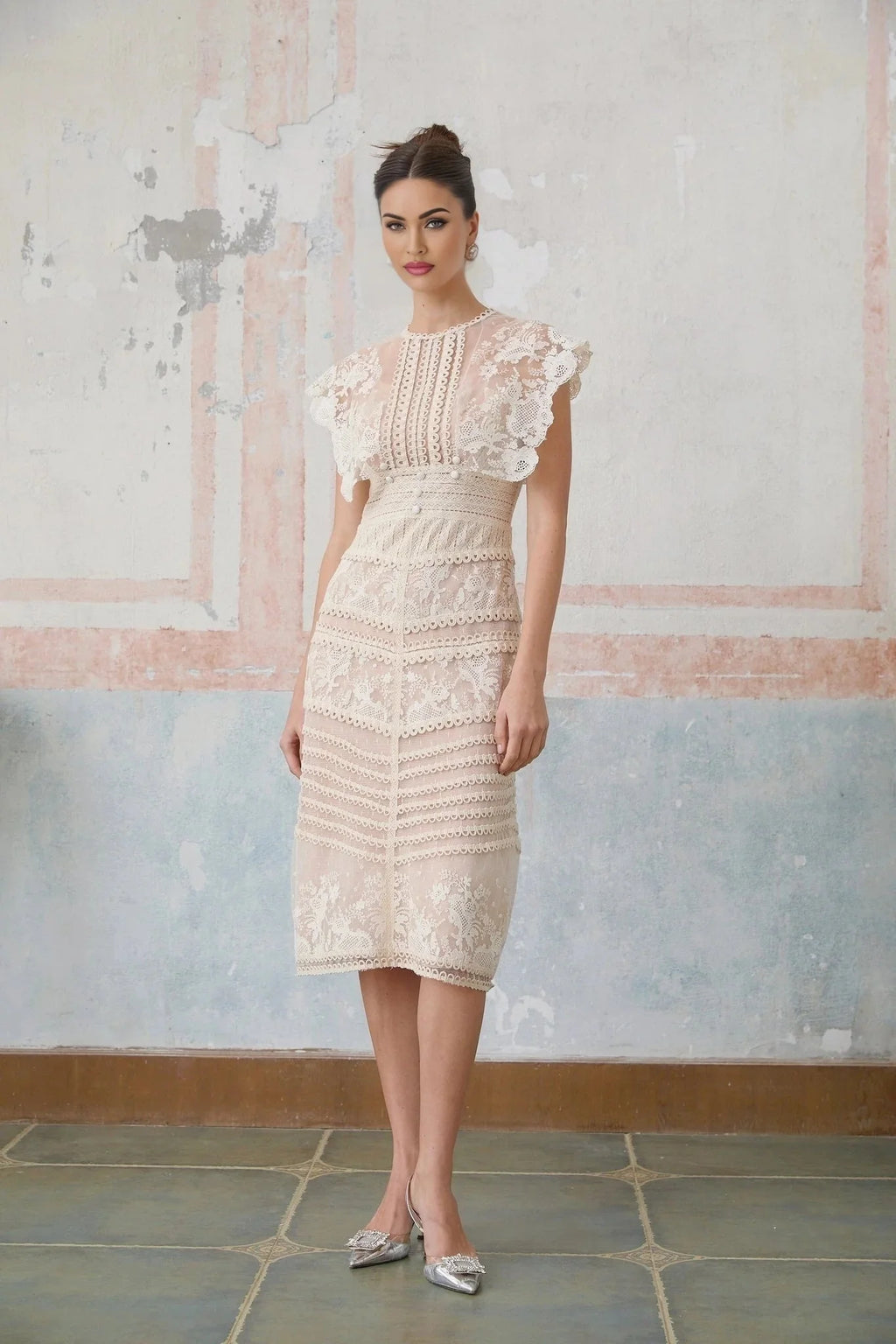 Meghan Midi Dress Floral Lace Beaded Neutrals