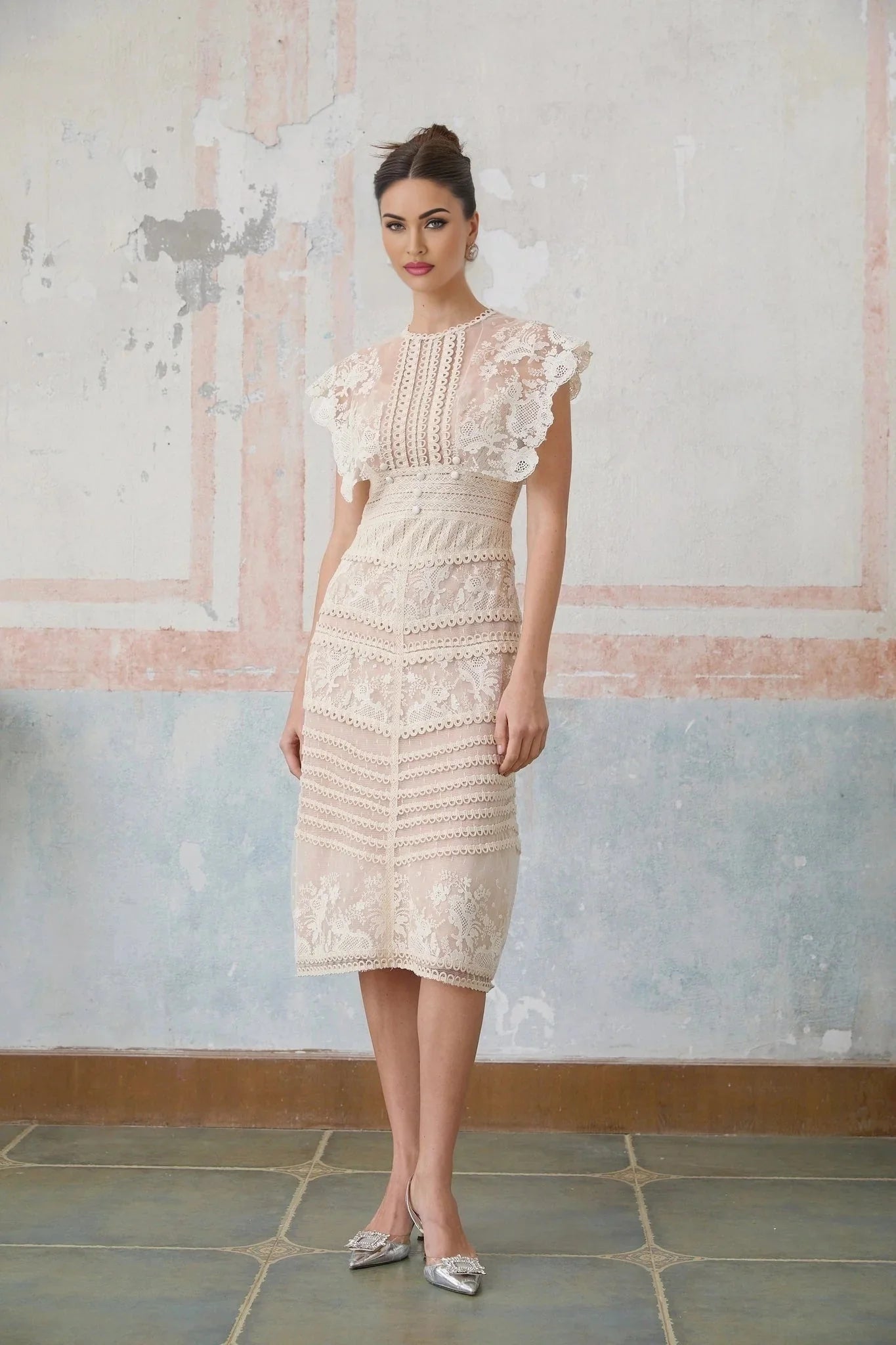 Meghan Midi Dress Floral Lace Beaded Neutrals