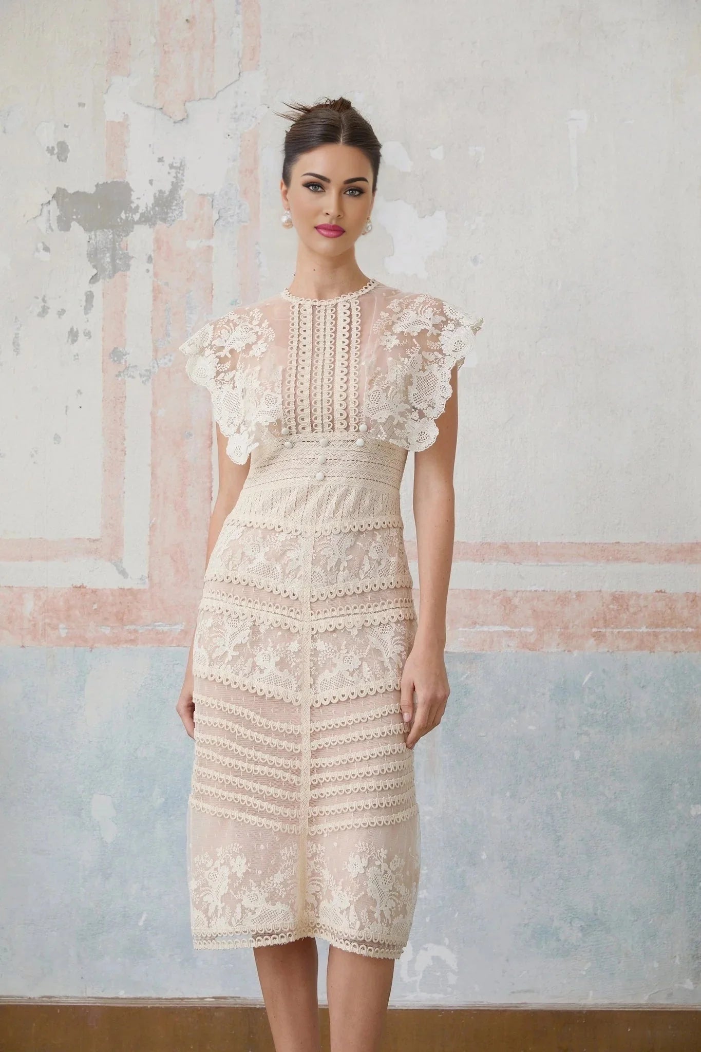 Meghan Midi Dress Floral Lace Beaded Neutrals