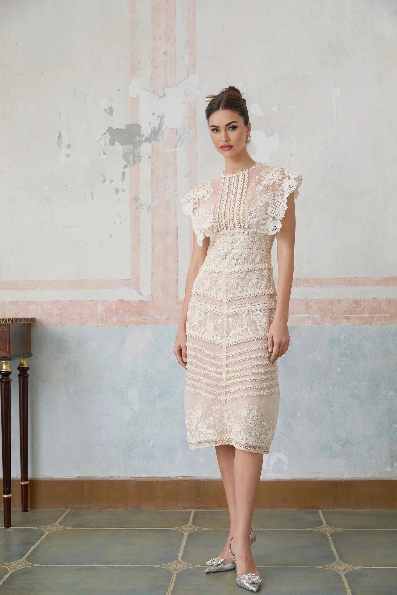 Meghan Midi Dress Floral Lace Beaded Neutrals