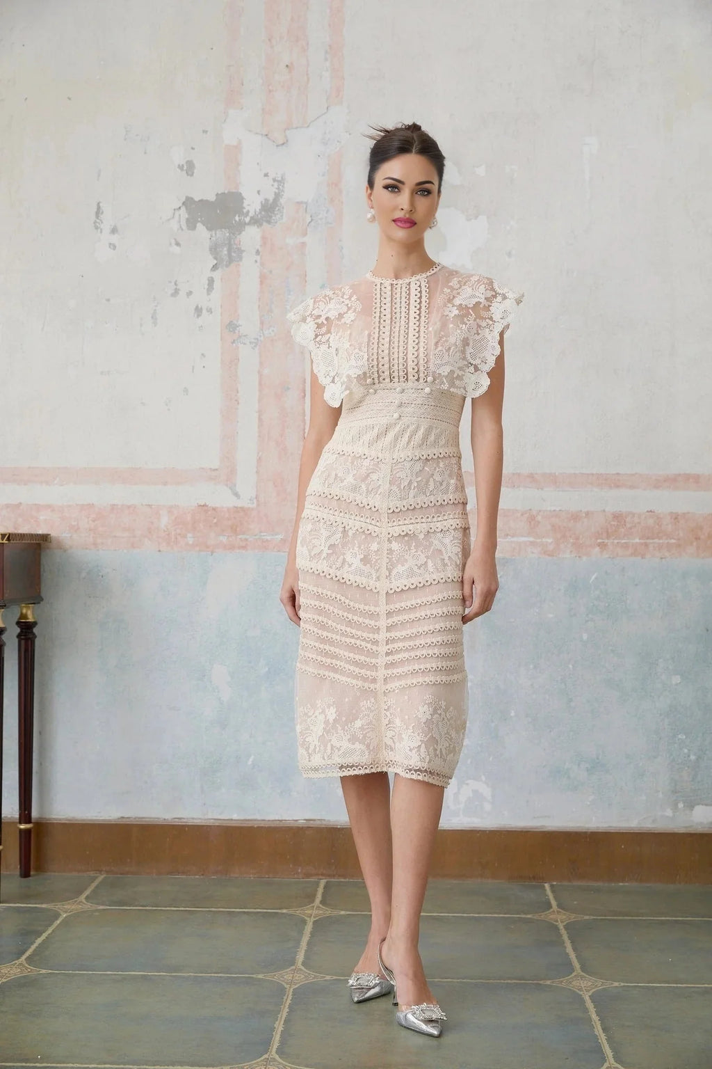 Meghan Midi Dress Floral Lace Beaded Neutrals