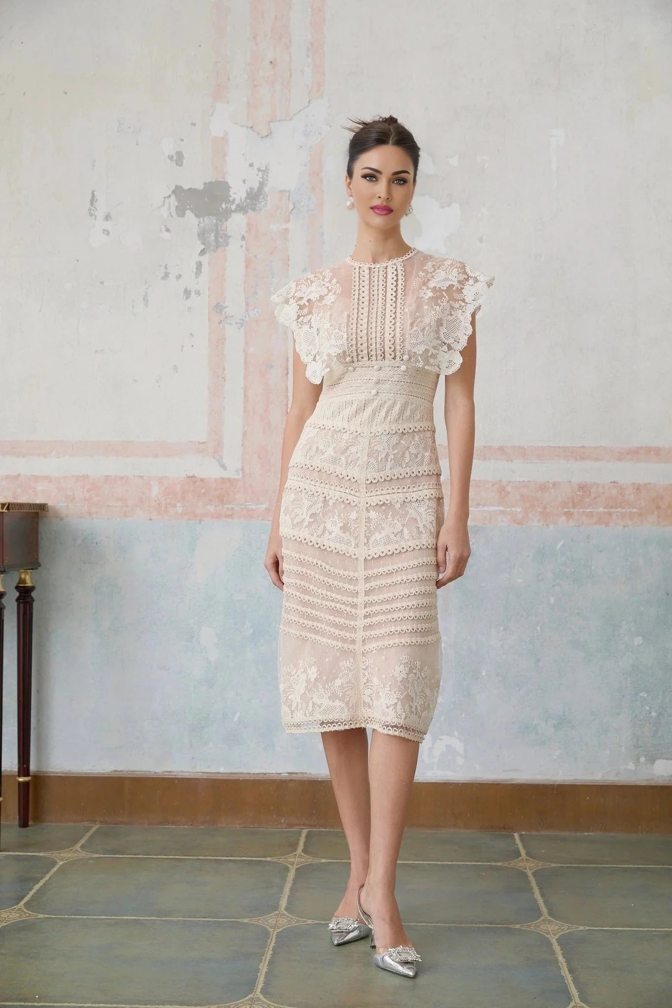 Meghan Midi Dress Floral Lace Beaded Neutrals