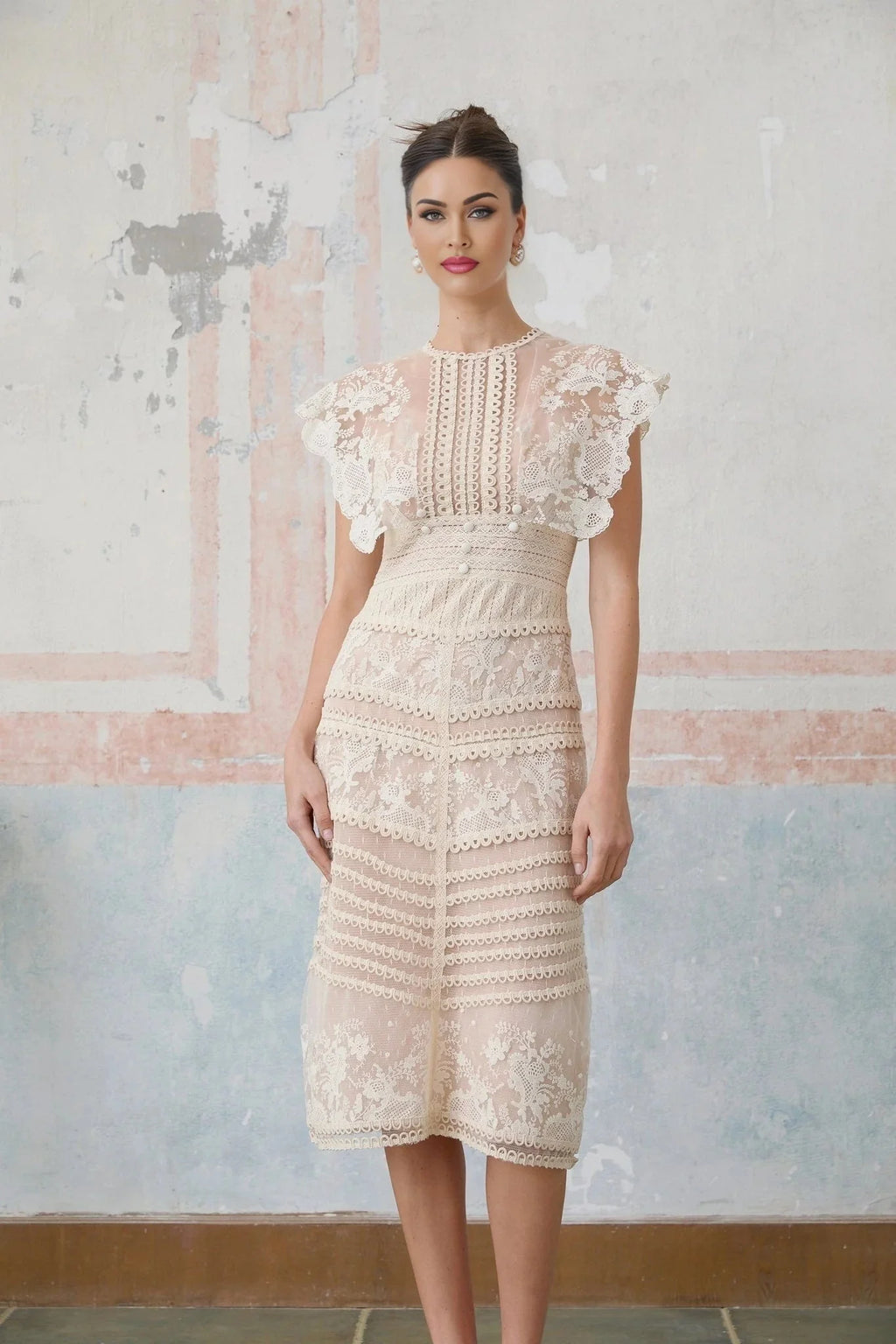 Meghan Midi Dress Floral Lace Beaded Neutrals