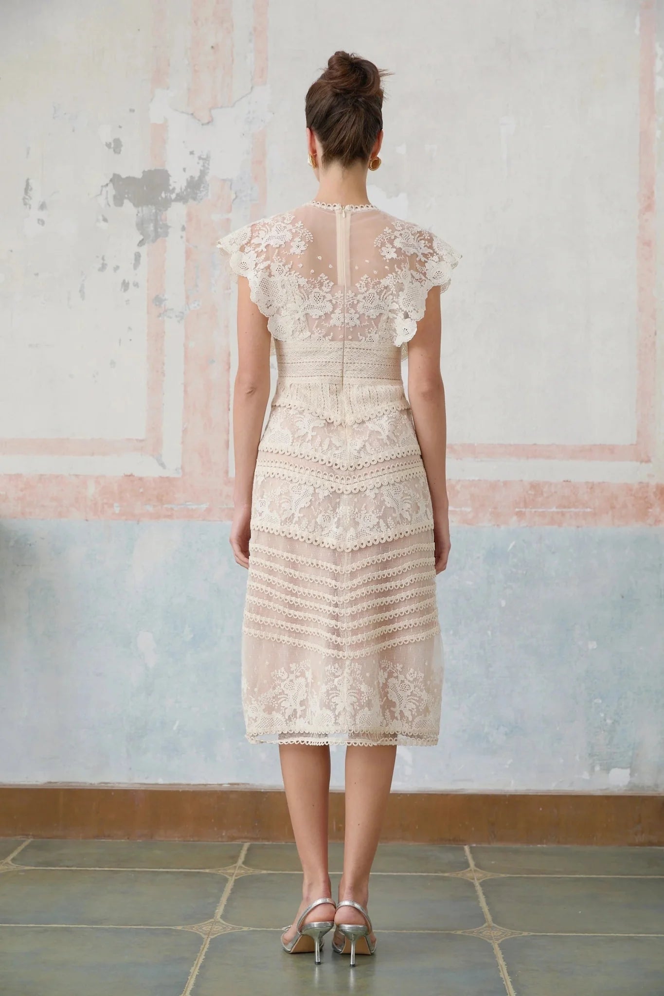 Meghan Midi Dress Floral Lace Beaded Neutrals